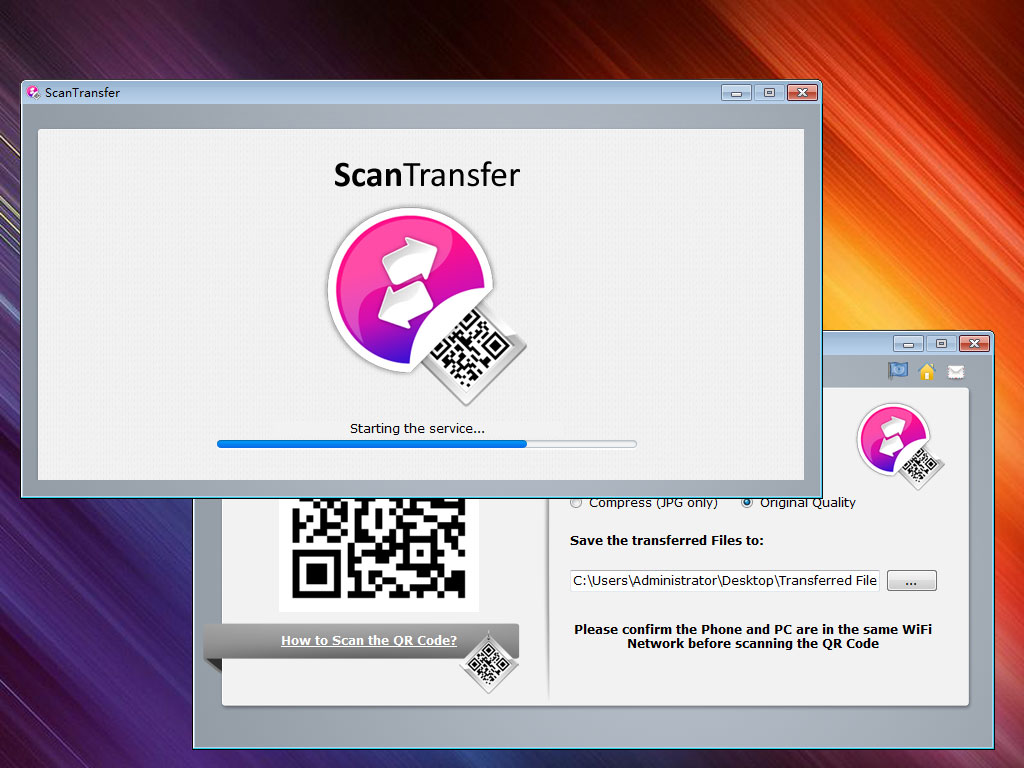 Scan a QR code then transfer files to PC.